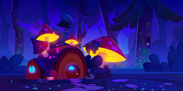 istock Night fairytale house in forest cartoon background 1754168281