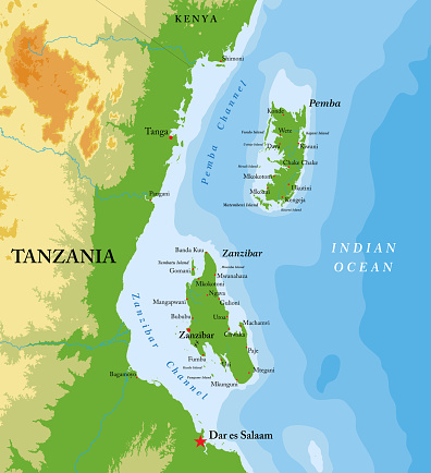 Highly detailed physical map of Zanzibar and Pemba islands in vector format,with all the relief forms,regions and big cities.