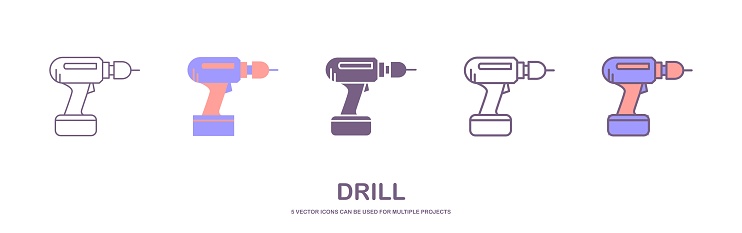 Set of hand drill icon with 5 different style. Drill machine icon for handyman concept. Household instrument in cartoon. Electric device for repairman. wimble, auger, bitbrace Vector illustration
