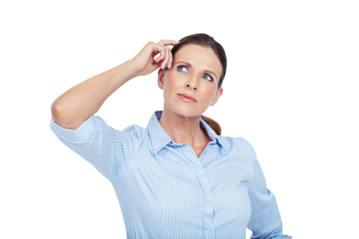 Mature woman gesturing thought and contemplation on a white background - isolated