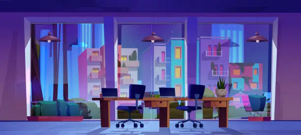 Vector illustration of Cartoon company office interior at night