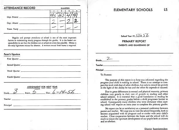 Front and back of 1956 elementary school report card. Horizontal.