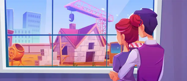 Vector illustration of Couple looking at house construction site