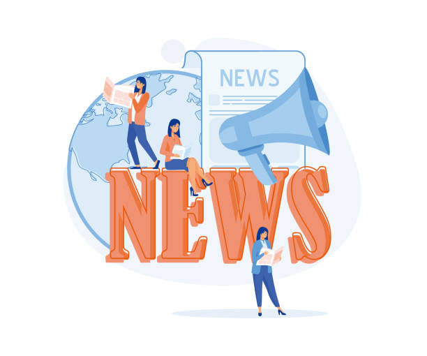 ilustrações de stock, clip art, desenhos animados e ícones de people around news sign sitting and reading newspapers. mass media, breaking news, latest news. global news concept. flat vector modern illustration - newspaper the media article backgrounds