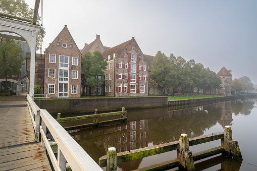 Lemmer, Netherlands on January 4, 2020; The fishing nets hang to dry on the quay