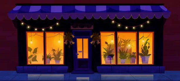 Vector illustration of Flower shop facade in night city street