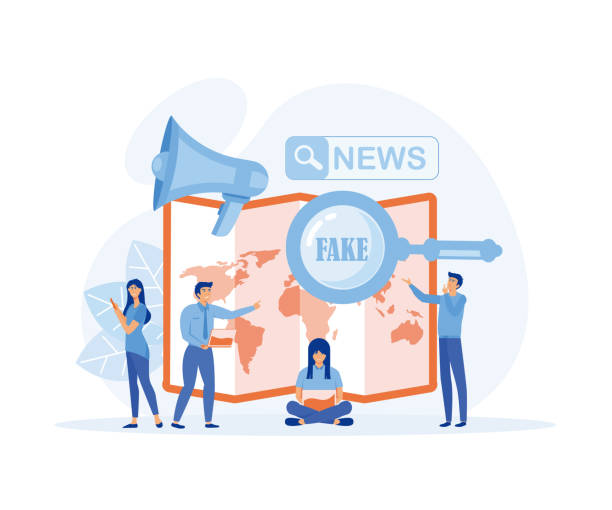 ilustrações de stock, clip art, desenhos animados e ícones de fake news and gossips. tiny people reading newspapers and social media information in internet on world map background. fake news concept. flat vector modern illustration - young adult reading newspaper the media