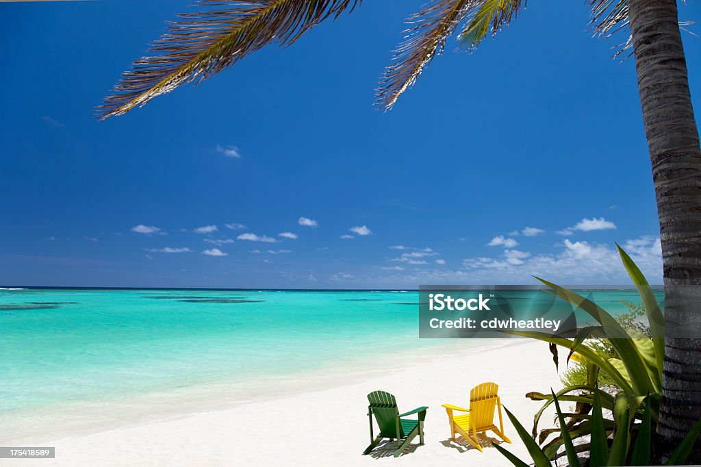 Sedie a sdraio e palme su una spiaggia tropicale di Anegada, Isole Vergini Britanniche - Foto stock royalty-free di Spiaggia