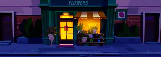 Vector illustration of Night flower shop building exterior illustration