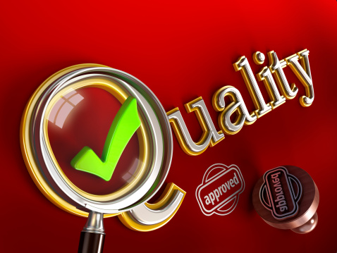 Quality word and approved stamp on red background. Quality test and approval concept.Similar: