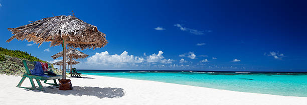 istock panorama of a beach with benches and umbrellas, Anegada, BVI 175418954