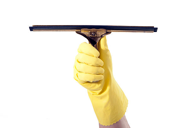 gloved hand holding a squeegee stock photo