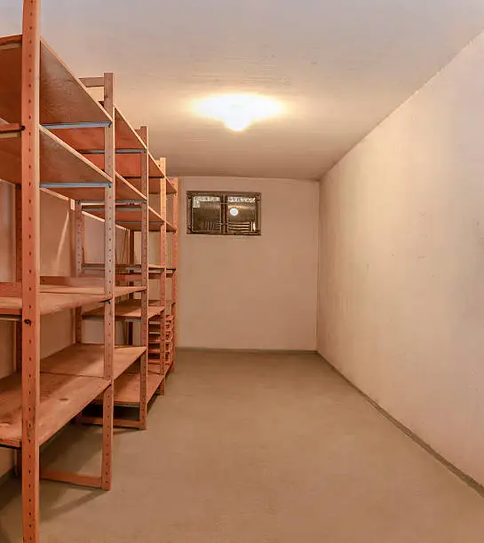 Empty storage room in a cellar, wooden storage rack, adjustable shelves and concrete walls. Ready to move in. Vertical orientation. The basement space has been cleared, swept and cleaned. The light comes from an Illuminated ceiling lamp and the basement window. The size of the photo amounts to 2524 px × 2835 px 