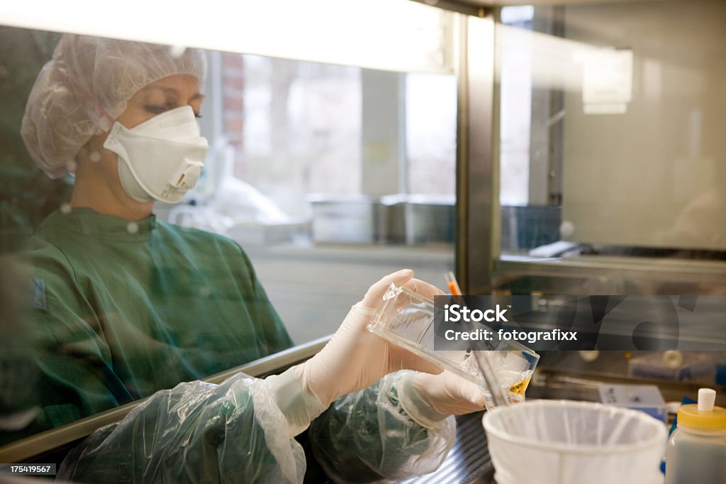 Hembra investigador en un laboratorio en un banco de trabajo - Foto de stock de Asistencia sanitaria y medicina libre de derechos