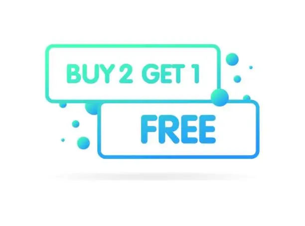 Vector illustration of Buy 2 get 1 free icon. Flat, blue, buy 2 get 1, free icon. Vector icon