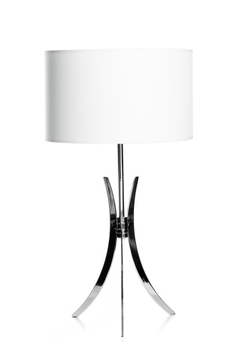 Contemporary white and chrome table lamp isolated on white.