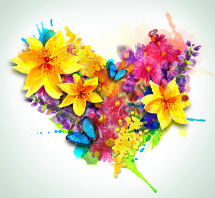 Heart made of watercolor flowers and butterflies. Mix  of digital artwork and watercolors on paper.