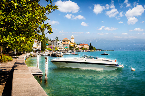 Holidays in Italy -  scenic view of the  tourists town of Gardone Riviera on Lake Garda