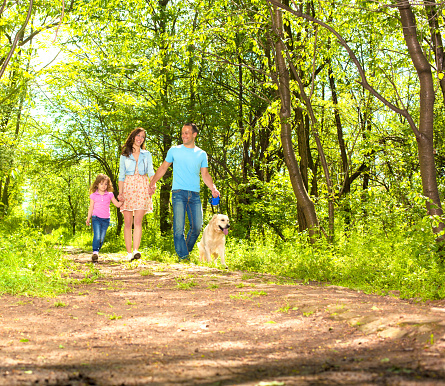 Family with one child and dog having free time in a forest. Walking and having fun.