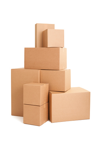 Stacked cardboard boxes. Isolated on a pure white background, absolutely no dot in the white area no need to cut-out e.g. can be dropped directly on to a white web page seemlessly. 