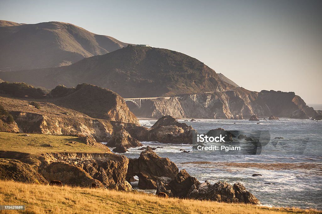 USA, California, Big Sur, Coastline and sea Pacific ocean waves crash the rocky beach coast and the landmark historic Bixby Bridge in California by the Cabrillo highway US 1 Beauty In Nature Stock Photo