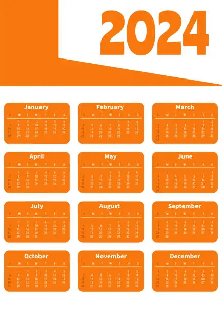 Vector illustration of Simple 2024 year orange wall calendar a3 format. Week starts on Sunday