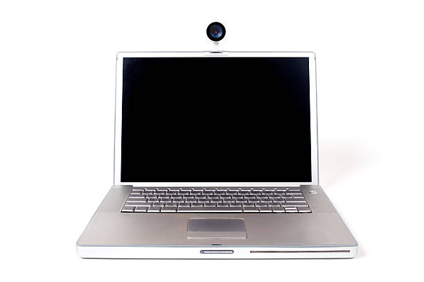 A open laptop with a Web cam and a blank screen stock photo