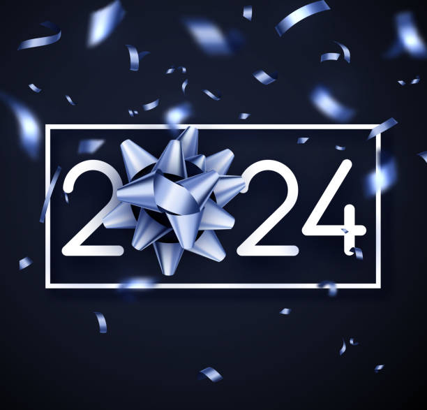 ilustrações de stock, clip art, desenhos animados e ícones de new year 2024 background with white paper numbers with shadows on background made of silver blue blurred confetti. - abstract backgrounds bow greeting card