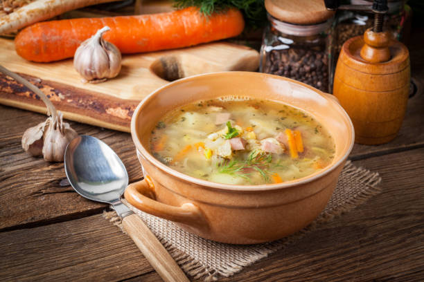 istock Pea soup with vegetables and bacon. 1754228426