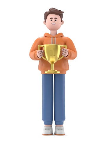 3D illustration of smiling businessman Qadir champion holds golden winner cup, awarded with prize, win award. Concept of goal achievement celebration.3D rendering on white background.