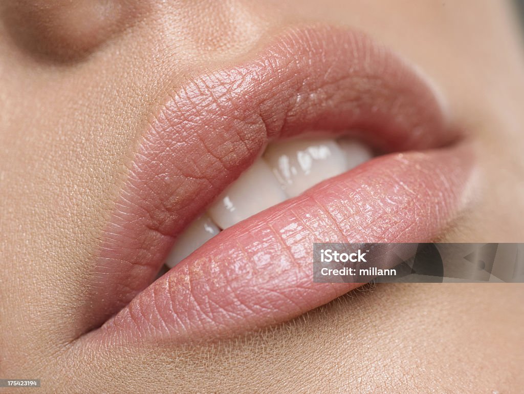 Natural lips close up of a perfect lips surrounded with perfect skin. Skin and lips are briefly retouched. Human Lips Stock Photo