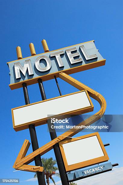 Vintage Motel Sign Angle 2 Stock Photo - Download Image Now - Antique, Backgrounds, Blue