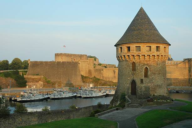 Medieval style watch tower overlooking bay Middle age tower brest brittany photos stock pictures, royalty-free photos & images