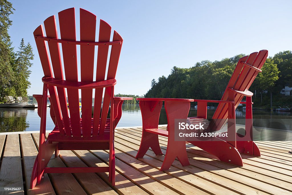 Muskoka Chairs on a Sunny Morning Muskoka chairs with a view of the lake. Cottage Stock Photo