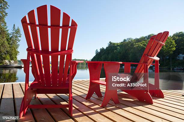 Muskoka Chairs On A Sunny Morning Stock Photo - Download Image Now - Cottage, Pier, Adirondack Chair