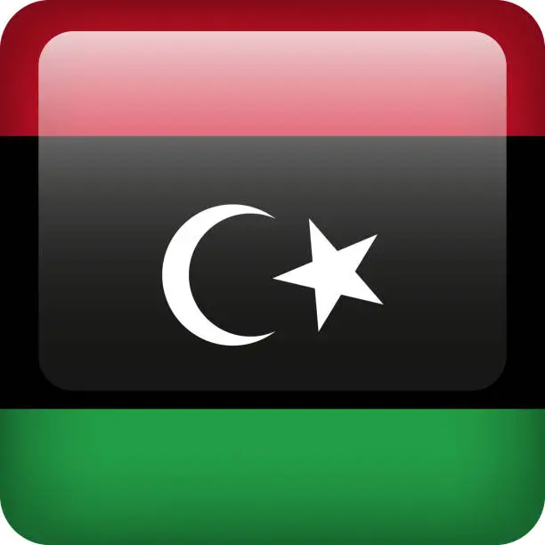 Vector illustration of 3d vector Libya flag glossy button. Libyan national emblem. Square icon with flag of Libya