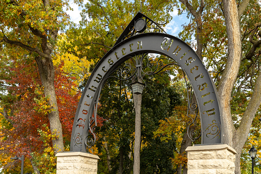 Evanston, IL, USA - October 23, 2023: Northwestern University's Weber Arch was constructed in 1993 and is considered a gateway to the university beautiful campus.