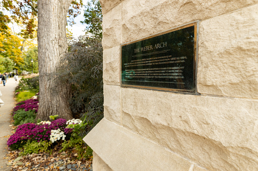 Evanston, IL, USA - October 23, 2023: Northwestern University's Weber Arch was constructed in 1993 and is considered a gateway to the university beautiful campus.