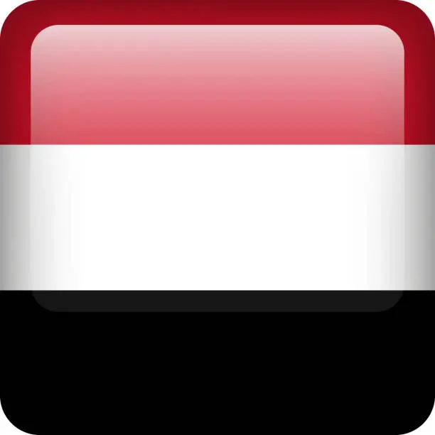 Vector illustration of 3d vector Yemen flag glossy button. Yemeni national emblem. Square icon with flag of Yemen