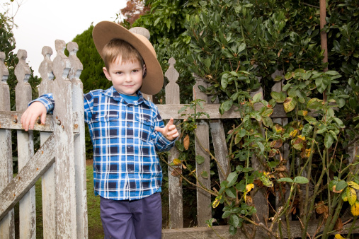 A cute four year old farm boy leaning on wooden gate.