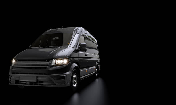 black transport van on a dark background.