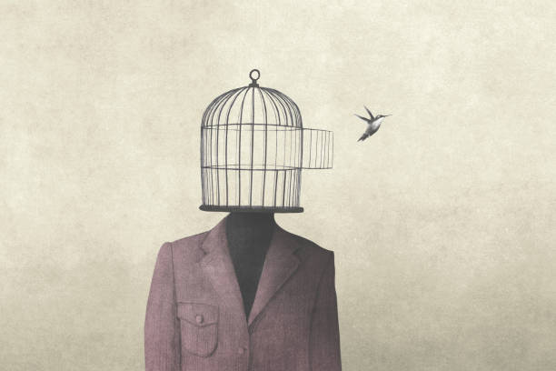 illustration of man with open birdcage over his head, surreal freedom concept illustration of man with open birdcage over his head, surreal freedom concept birdcage stock illustrations