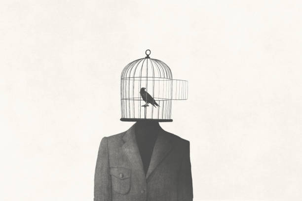 istock illustration of man with open birdcage over his head, fear to fly concept 1754272544