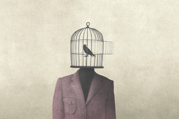 istock illustration of man with open birdcage over his head, fear to fly concept 1754272587