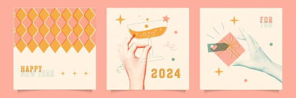 Set of retro posters in a trendy risograph print style. Happy New Year creative greeting cards with halftone hands holding glass of champagne and gift box. Vector vintage print illustration Set of retro posters in a trendy risograph print style. Happy New Year creative greeting cards with halftone hands holding glass of champagne and gift box. Vector vintage print illustration. riso print stock illustrations