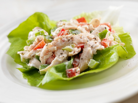 A Creamy Chicken Salad Lettuce Wrap with Red and Green Peppers- Photographed on Hasselblad H3D2-39mb Camera