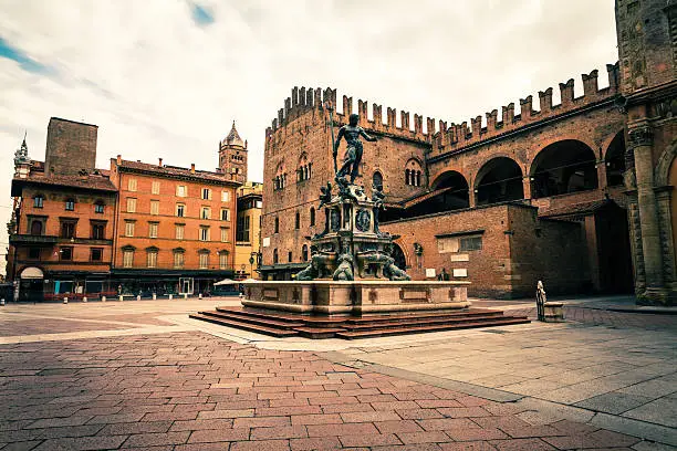 Piazza del Nettuno in Bologna with the statue and the fountain