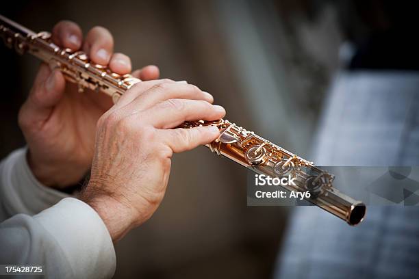 Musicista Suona Il Flauto Dorata - Fotografie stock e altre immagini di Dorato - Colore descrittivo - Dorato - Colore descrittivo, Flauto, Oro - Metallo