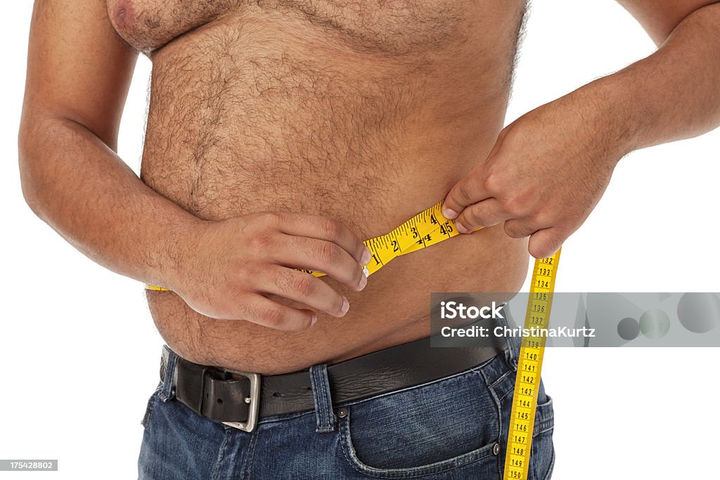 African American Man sobrepeso medir la cintura - Foto de stock de Celulitis - Tipos de piel libre de derechos