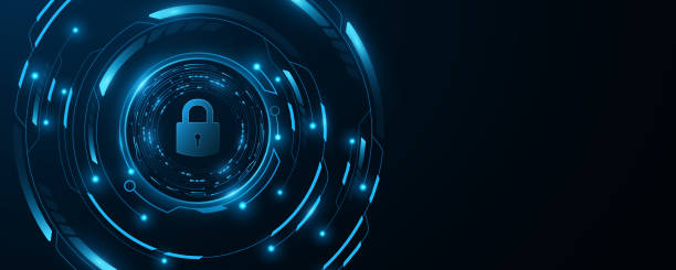 istock Data protection background. Futuristic glowing HUD circle with lock icon. GUI and UI design. Technology cover. Vector illustration. 1754288402